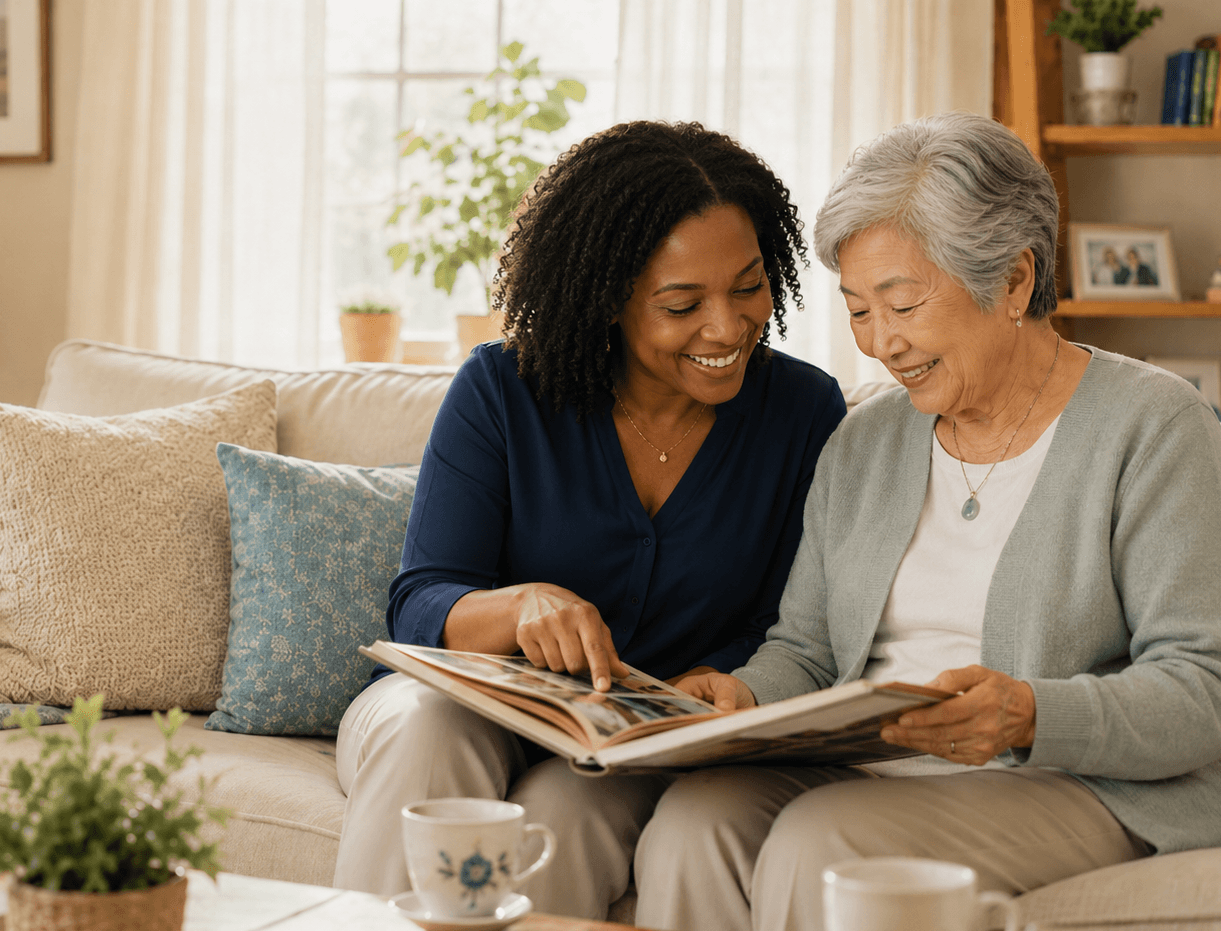 A companion caring for an older adult at home
